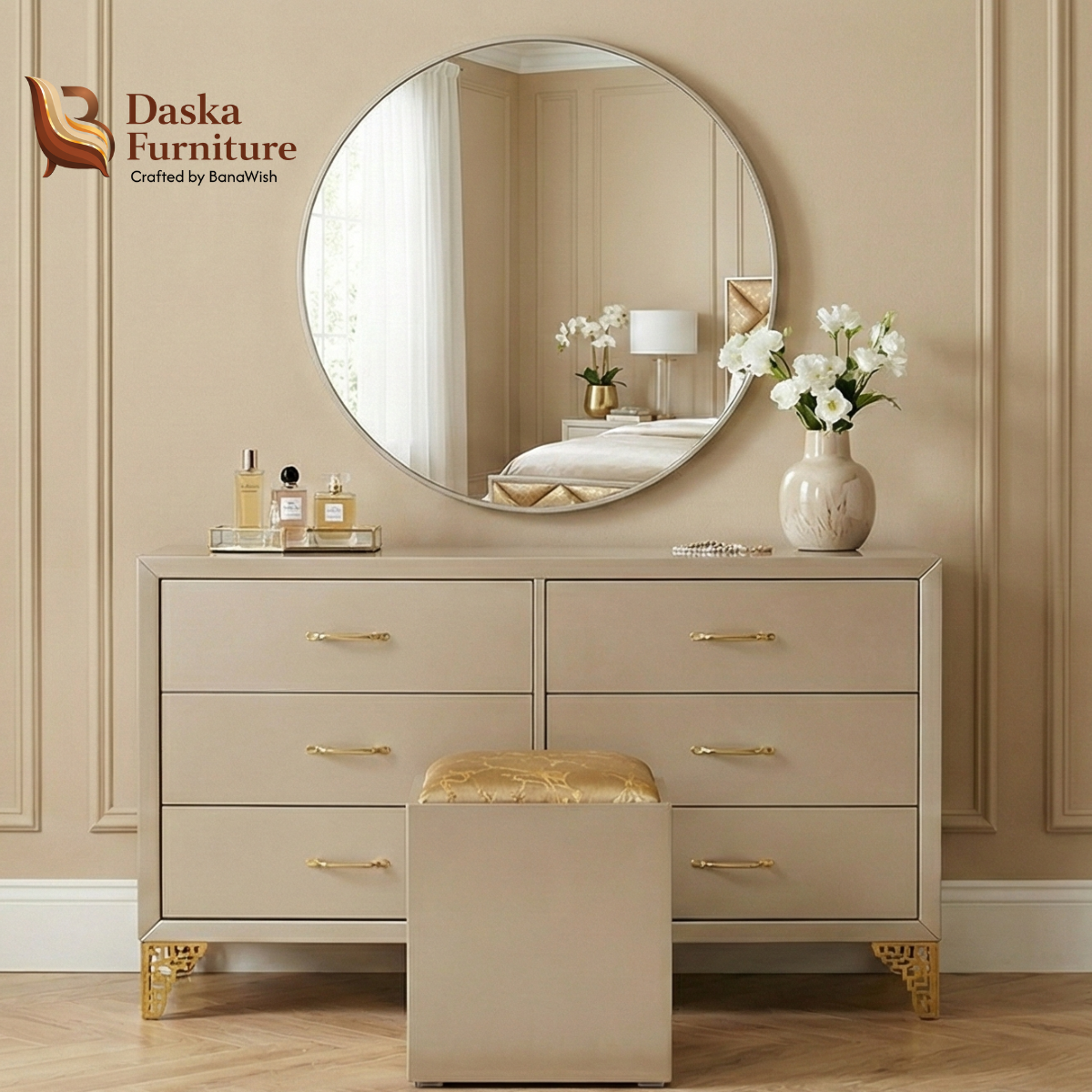 Champagne Gold Diamond-Quilted Bedroom Set | Modern Luxury Bed, Side Tables & Round Mirror Dressing Table - Image 2