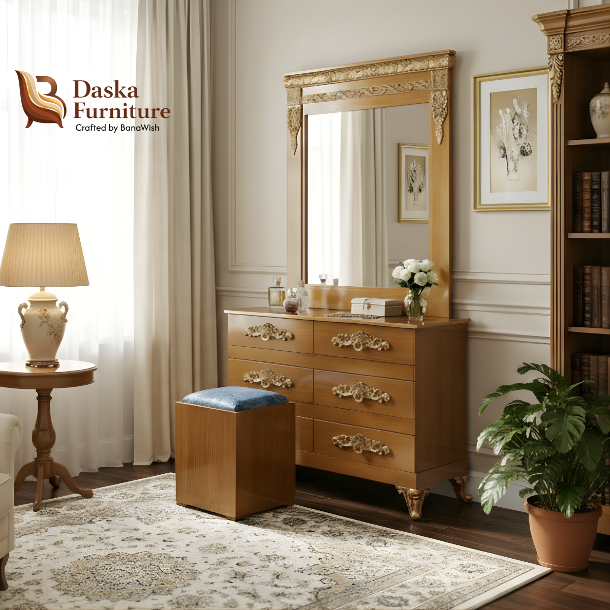 Royal Gold & Oak Bedroom Set | Classical Carved Bed, Side Tables & Luxury Dressing Table - Image 2