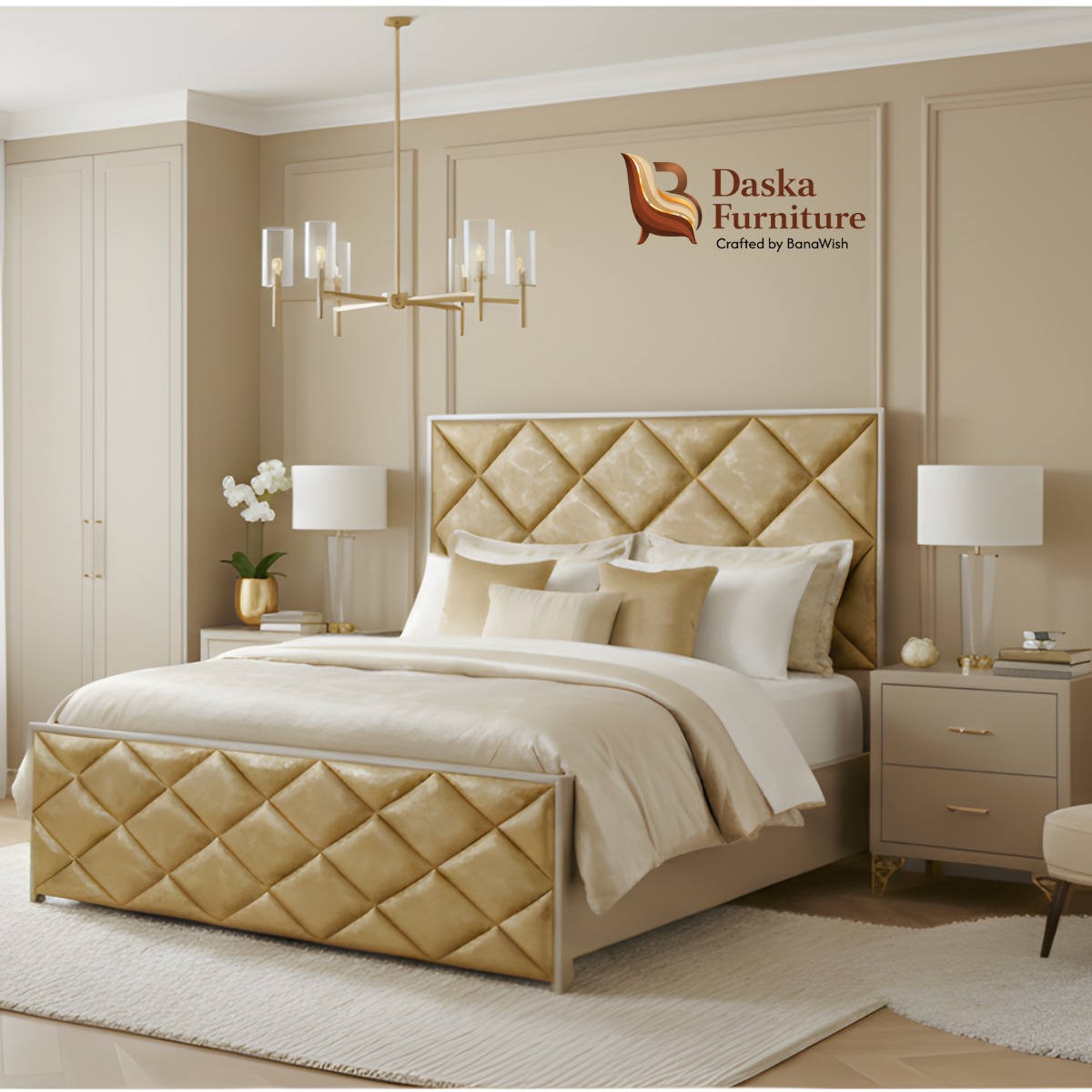 Champagne Gold Diamond-Quilted Bedroom Set | Modern Luxury Bed, Side Tables & Round Mirror Dressing Table