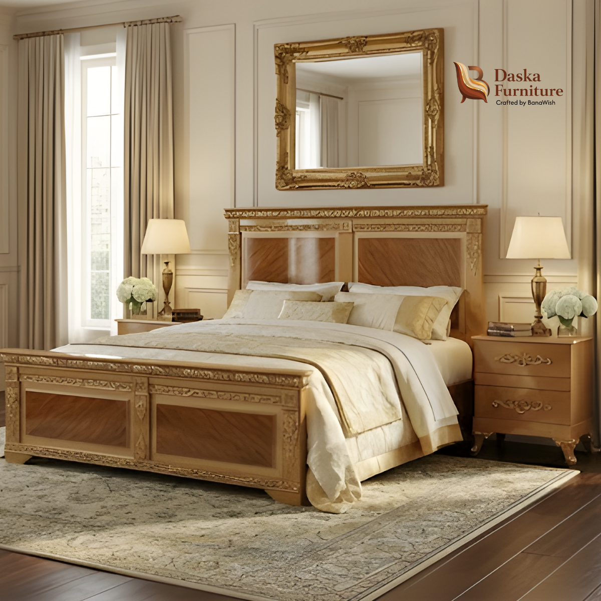 Royal Gold & Oak Bedroom Set | Classical Carved Bed, Side Tables & Luxury Dressing Table