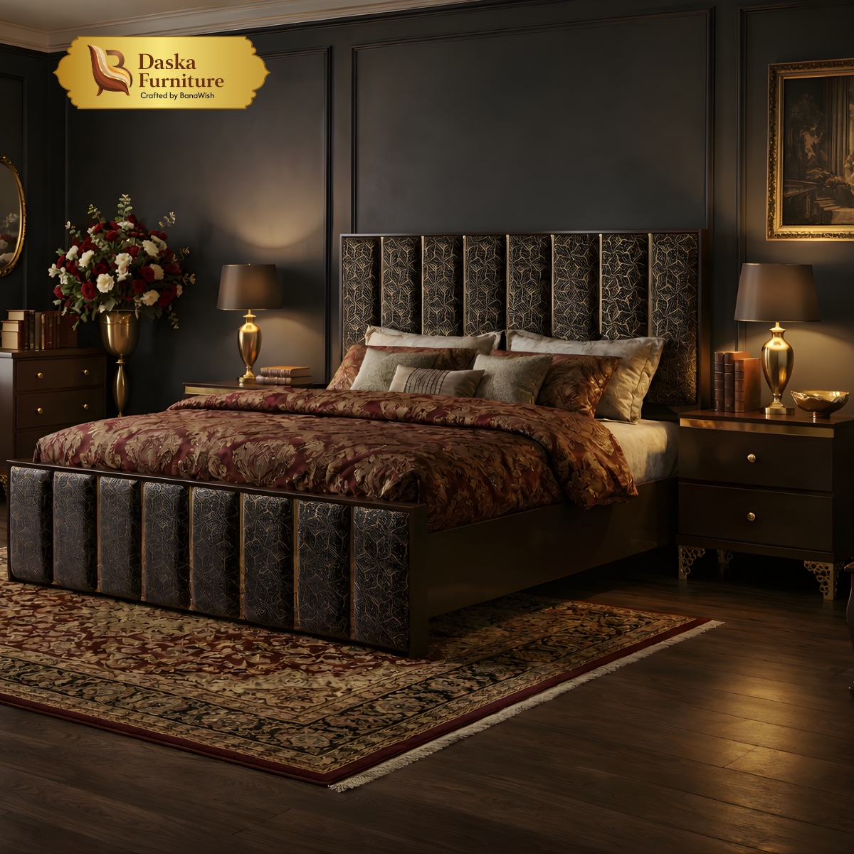 Elegant Espresso & Charcoal King Size Bedroom Set | Modern Bed, Side Tables & Dressing Table